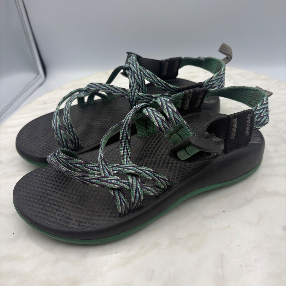 Chaco Strappy Sandals Girls 3 Green Purple Double Strap No Toe Loop Camp Water